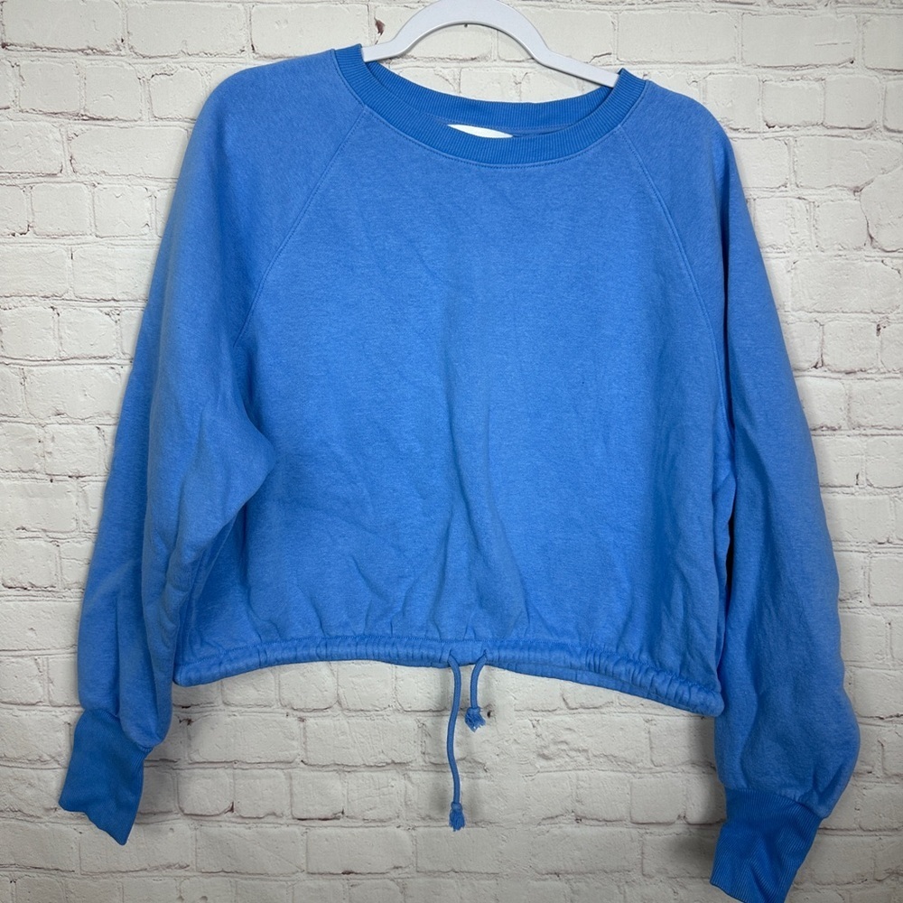 H&M blue Fleece lined Cropped Crewneck Pullover Sweatshirt drawstring waist sz L